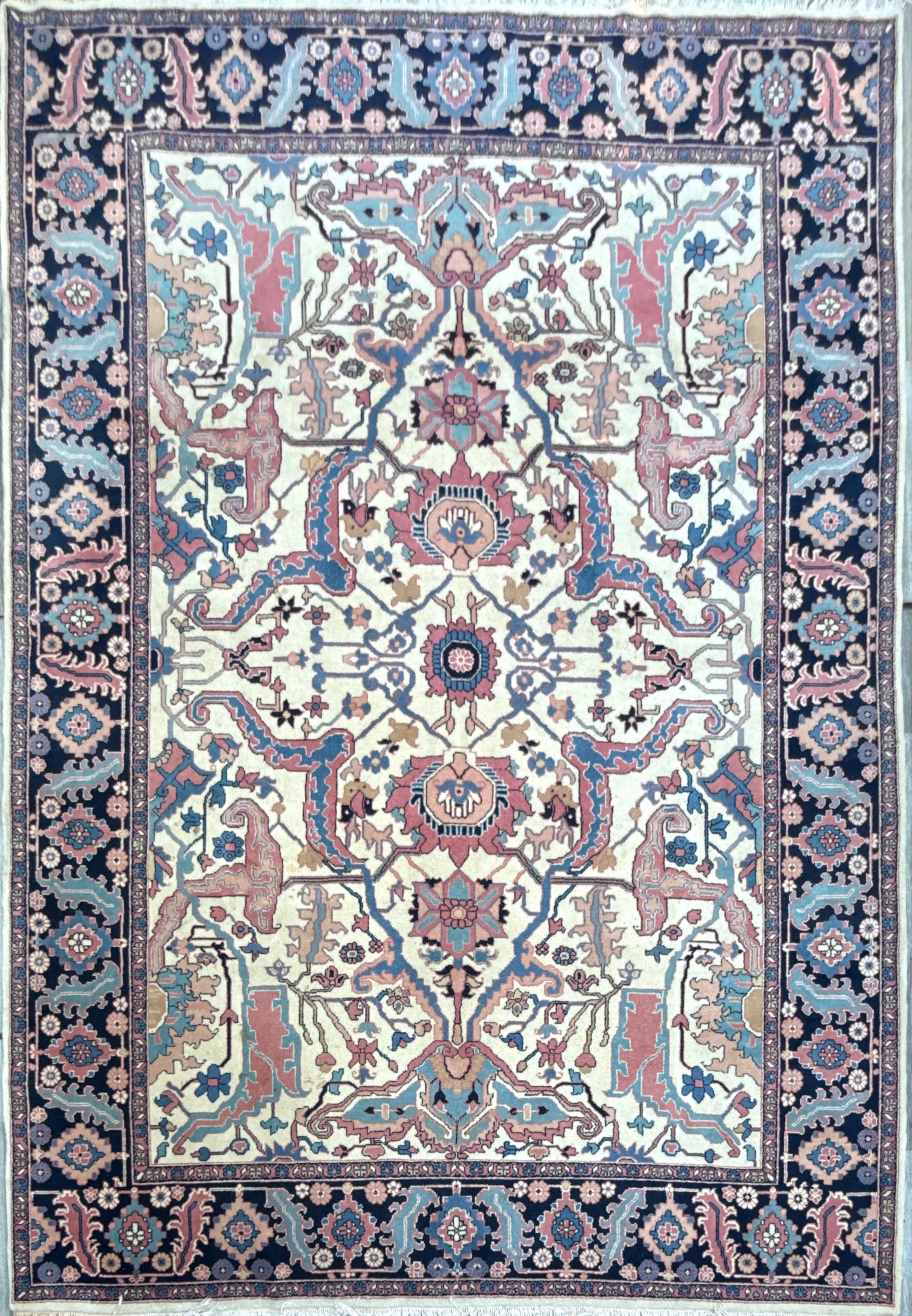 Large Vintage Heriz Style Rug 12.9x9.3 ft – Hand Knotted Wool Carpet – Persian Serapi Design – Blue Ivory Oriental Rug