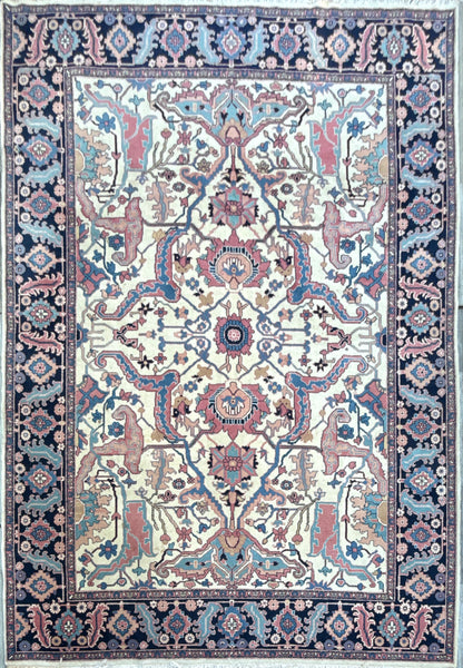 Large Vintage Heriz Style Rug 12.9x9.3 ft – Hand Knotted Wool Carpet – Persian Serapi Design – Blue Ivory Oriental Rug