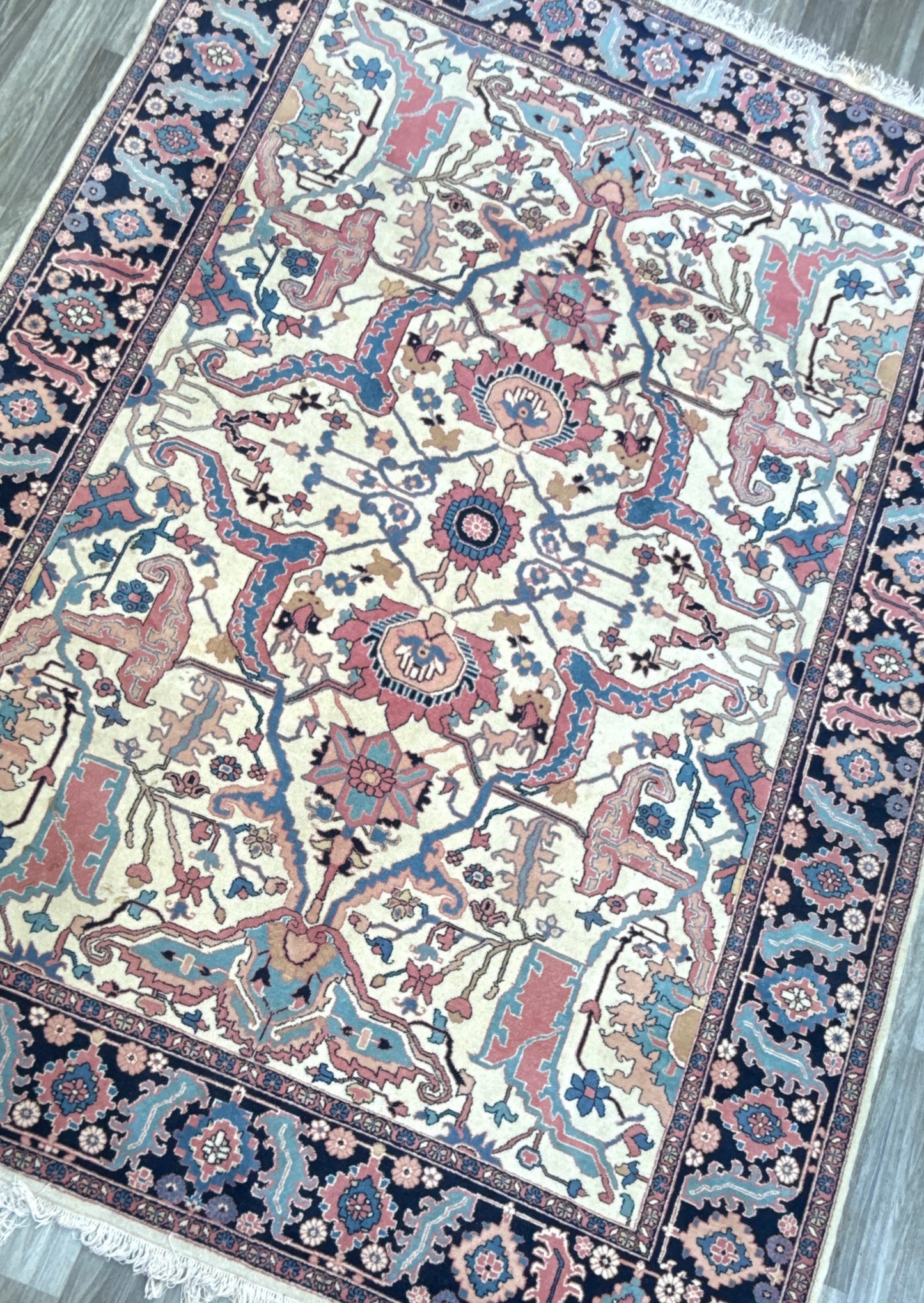 Large Vintage Heriz Style Rug 12.9x9.3 ft – Hand Knotted Wool Carpet – Persian Serapi Design – Blue Ivory Oriental Rug