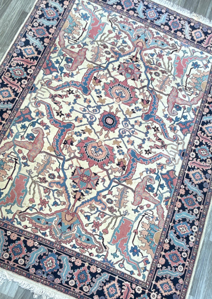 Large Vintage Heriz Style Rug 12.9x9.3 ft – Hand Knotted Wool Carpet – Persian Serapi Design – Blue Ivory Oriental Rug