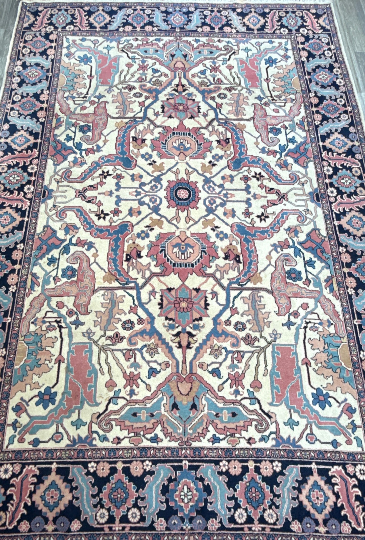 Large Vintage Heriz Style Rug 12.9x9.3 ft – Hand Knotted Wool Carpet – Persian Serapi Design – Blue Ivory Oriental Rug