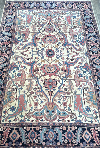 Large Vintage Heriz Style Rug 12.9x9.3 ft – Hand Knotted Wool Carpet – Persian Serapi Design – Blue Ivory Oriental Rug