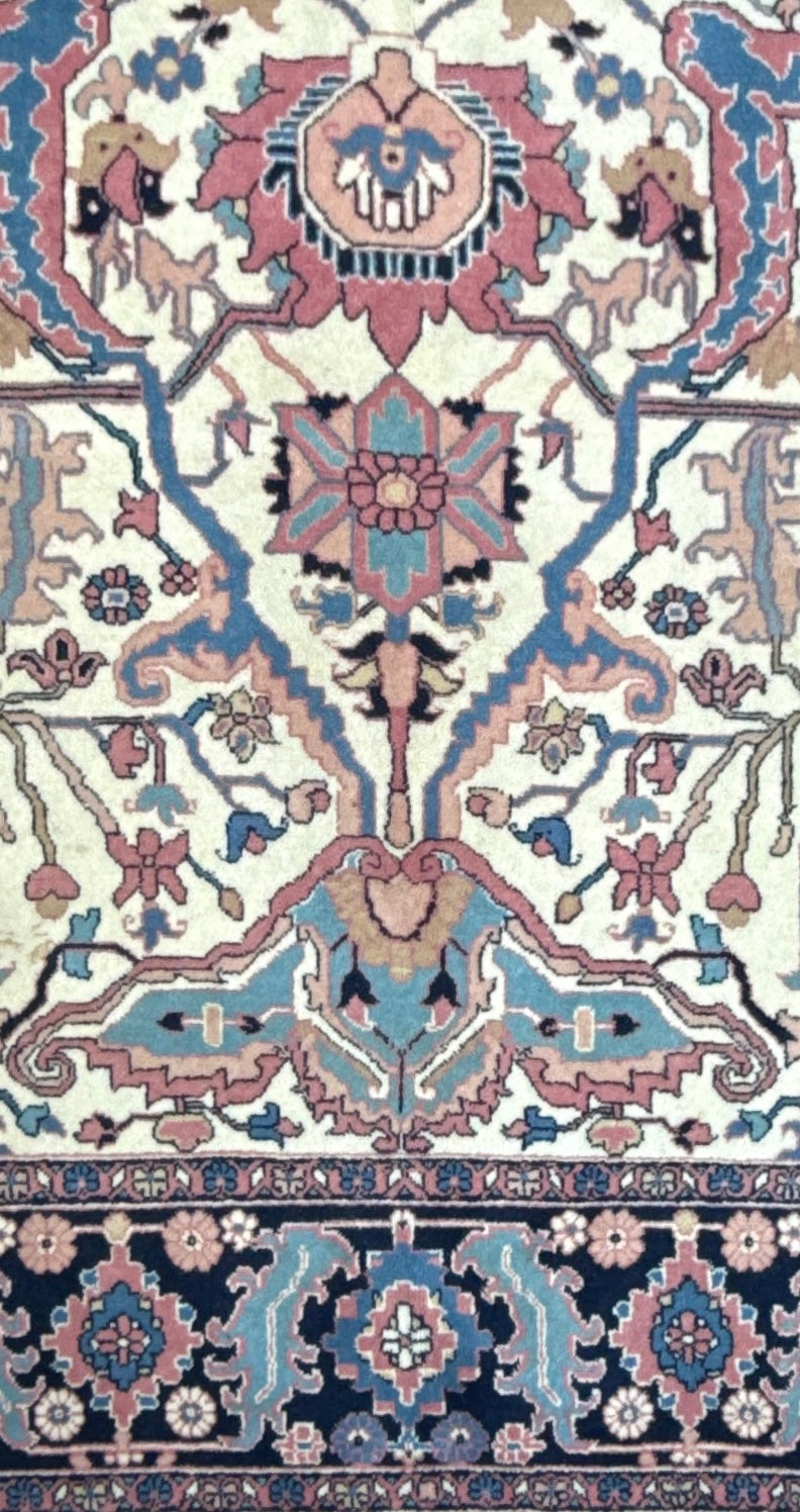 Large Vintage Heriz Style Rug 12.9x9.3 ft – Hand Knotted Wool Carpet – Persian Serapi Design – Blue Ivory Oriental Rug