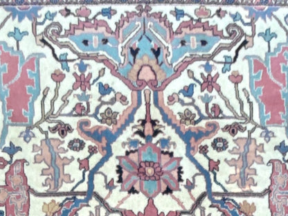Large Vintage Heriz Style Rug 12.9x9.3 ft – Hand Knotted Wool Carpet – Persian Serapi Design – Blue Ivory Oriental Rug