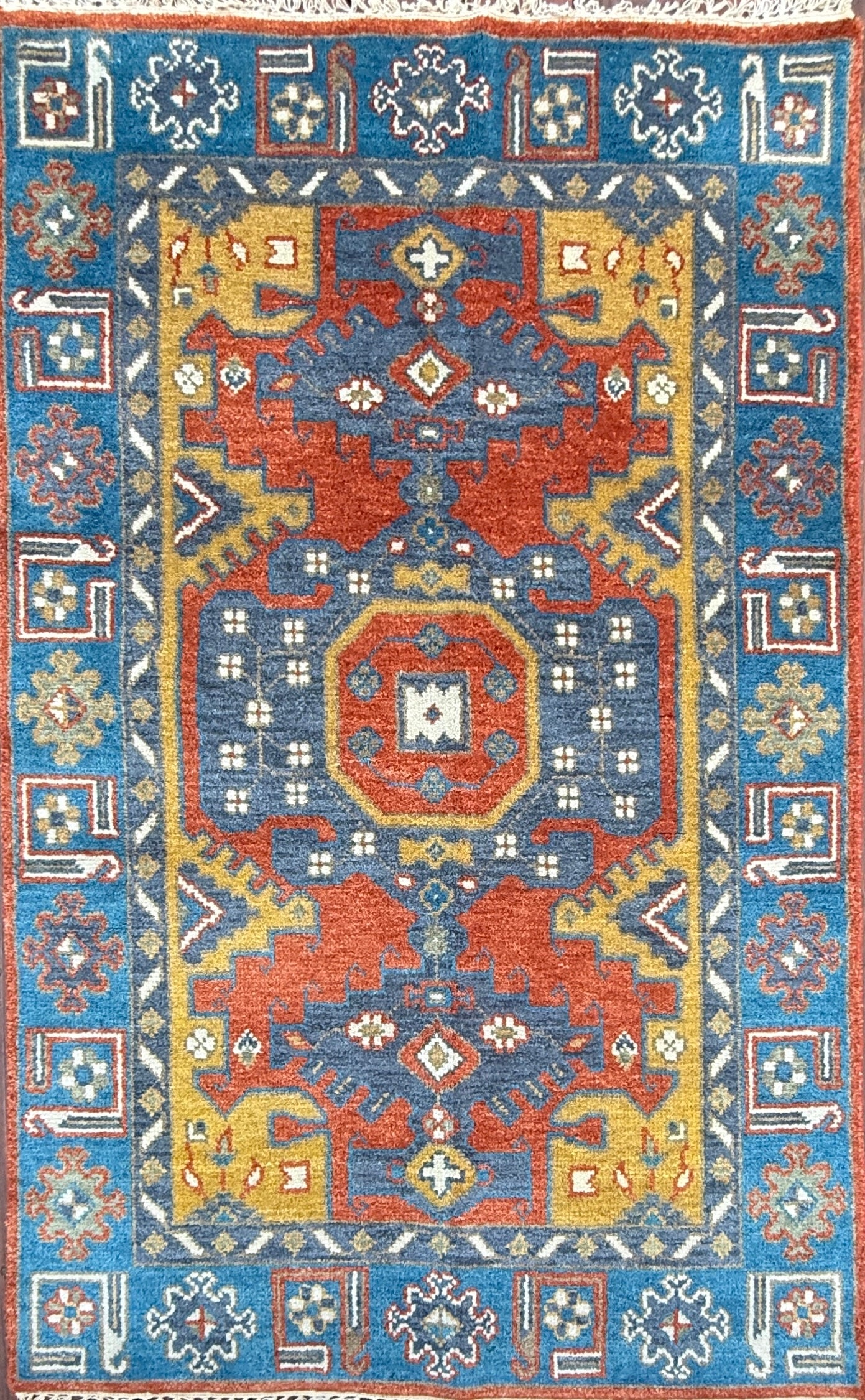 4x6 ft. Oushak Geometrical Rug: Village Made Wool Carpet Hand Knotted Bohemian Style