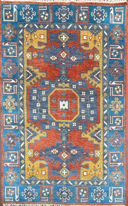 4x6 ft. Oushak Geometrical Rug: Village Made Wool Carpet Hand Knotted Bohemian Style
