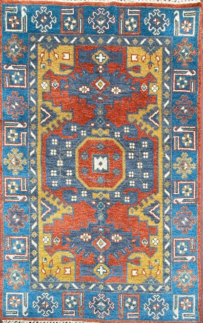 4x6 ft. Oushak Geometrical Rug: Village Made Wool Carpet Hand Knotted Bohemian Style