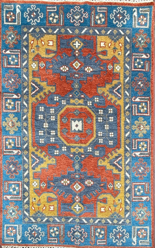 4x6 ft. Oushak Geometrical Rug: Village Made Wool Carpet Hand Knotted Bohemian Style