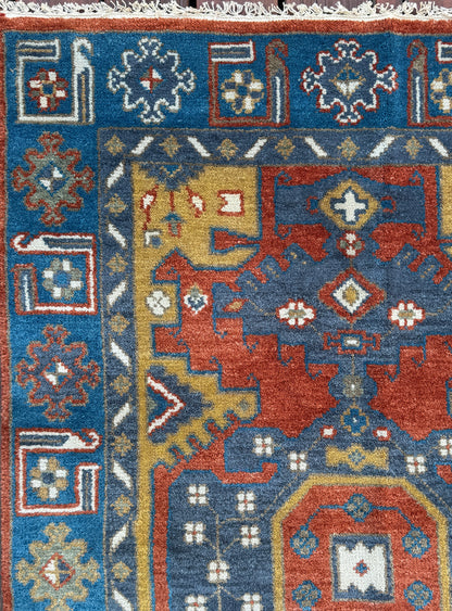 4x6 ft. Oushak Geometrical Rug: Village Made Wool Carpet Hand Knotted Bohemian Style