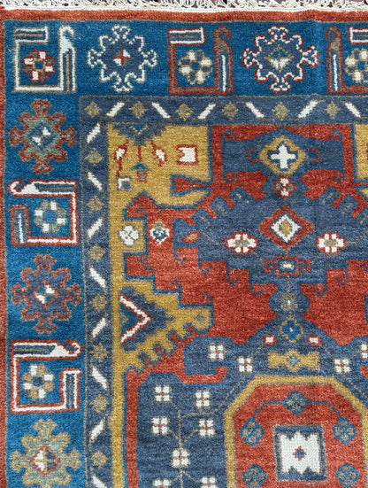 4x6 ft. Oushak Geometrical Rug: Village Made Wool Carpet Hand Knotted Bohemian Style