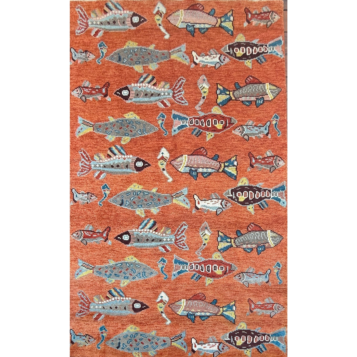 Turkish Oushak Rug 5x8, Hand-Knotted 100% Wool Fish Rug, Tree of Life Bohemian Area Rug, Terracotta Nursery Decor