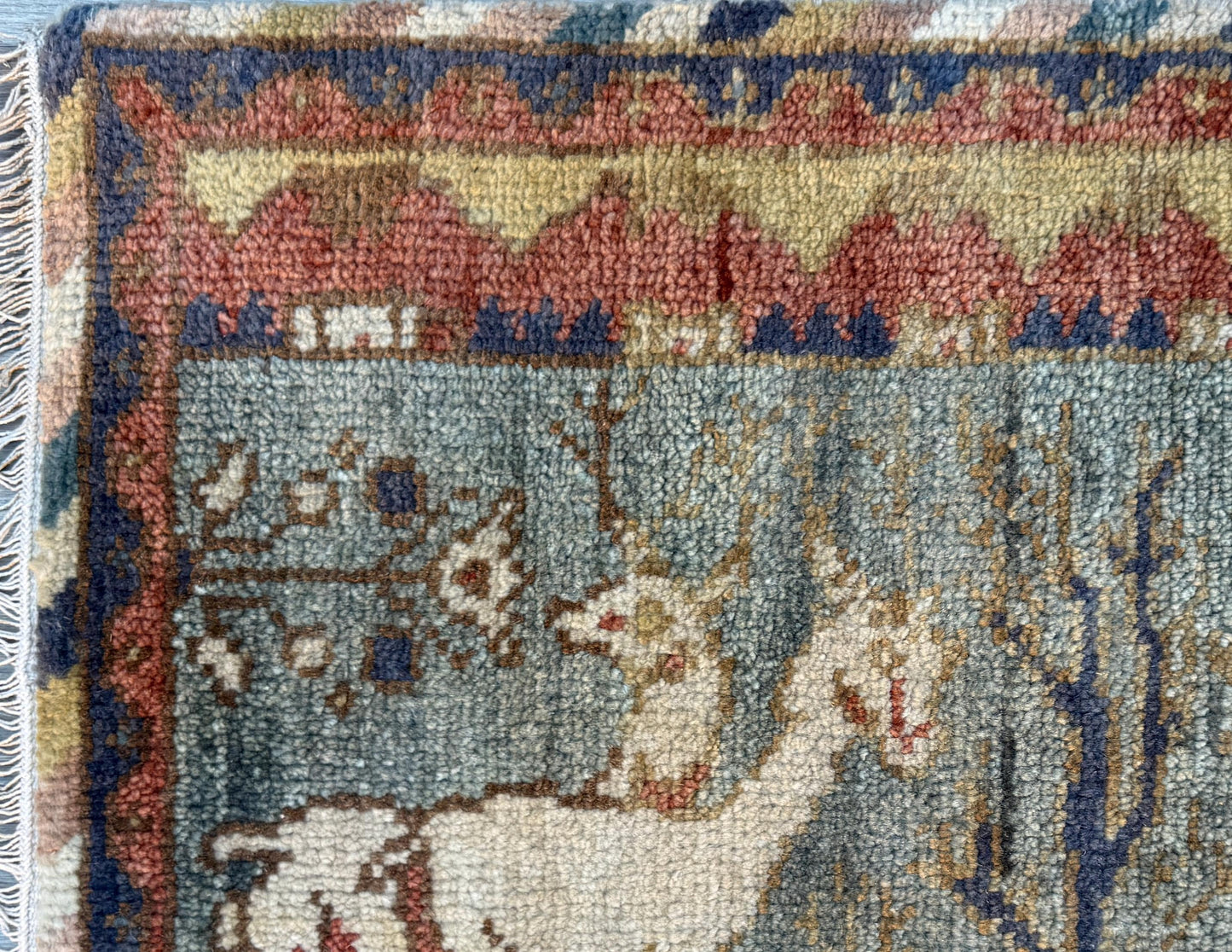 2x3 ft Bohemian Oushak Rug: Hand-Knotted Deer Design Accent Wool Carpet