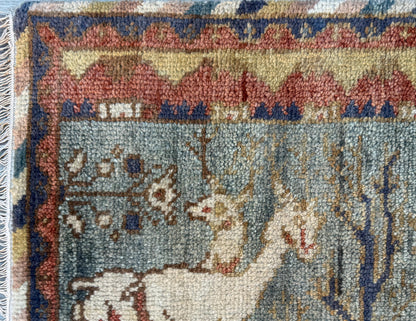 2x3 ft Bohemian Oushak Rug: Hand-Knotted Deer Design Accent Wool Carpet