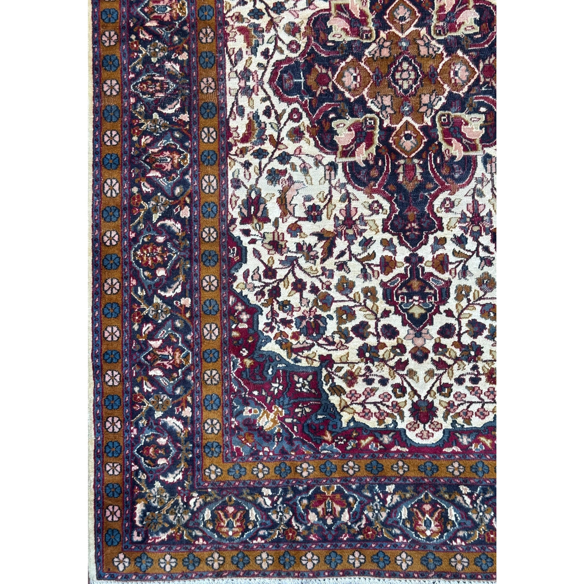 Vintage Turkish Wool Rug 3'2" x 5', Hand-Knotted Floral Medallion Carpet, Ivory Navy Burgundy