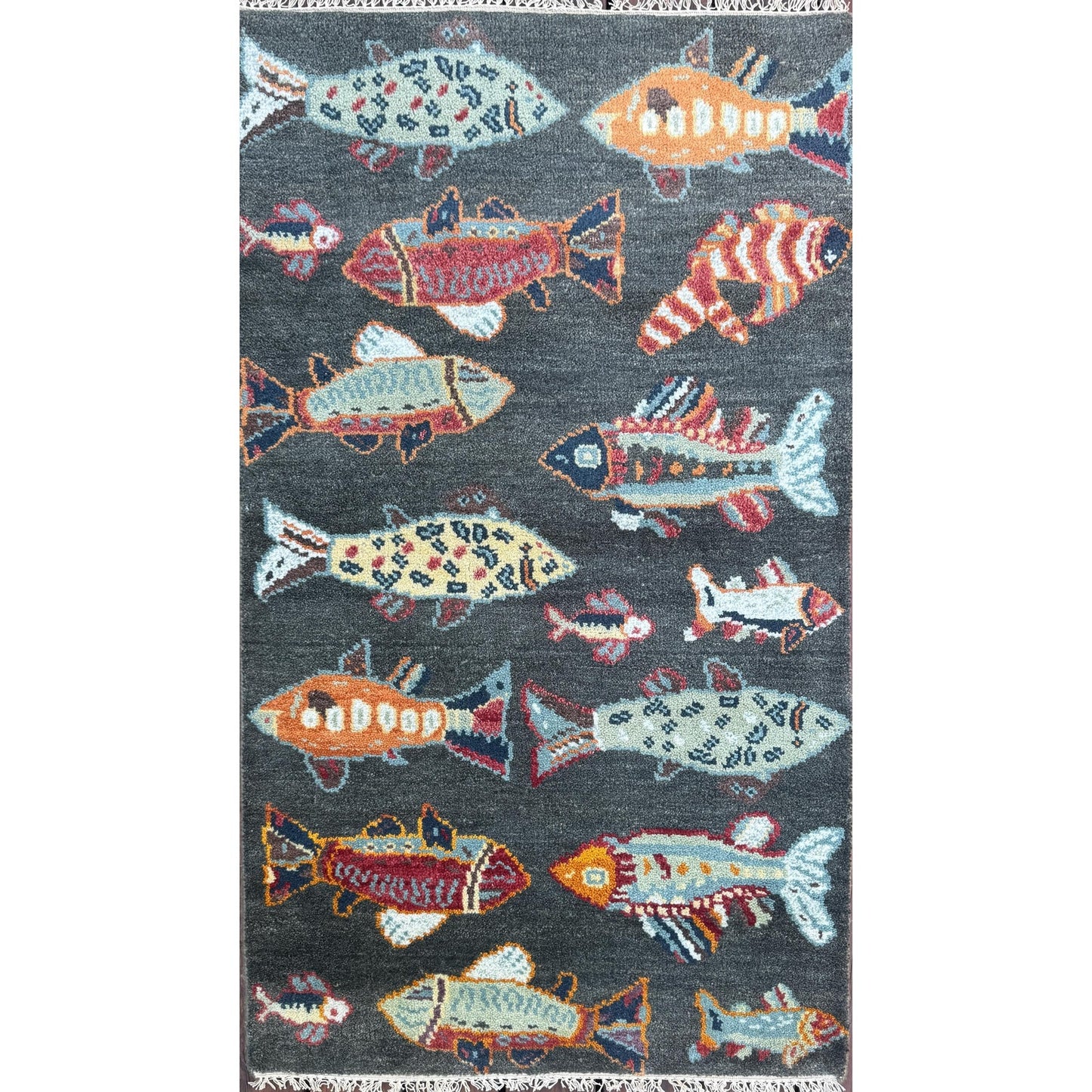 Modern Turkish Fish Design Rug 3x5.1, Hand Knotted Wool Sea Animal Pattern, Bohemian Accent