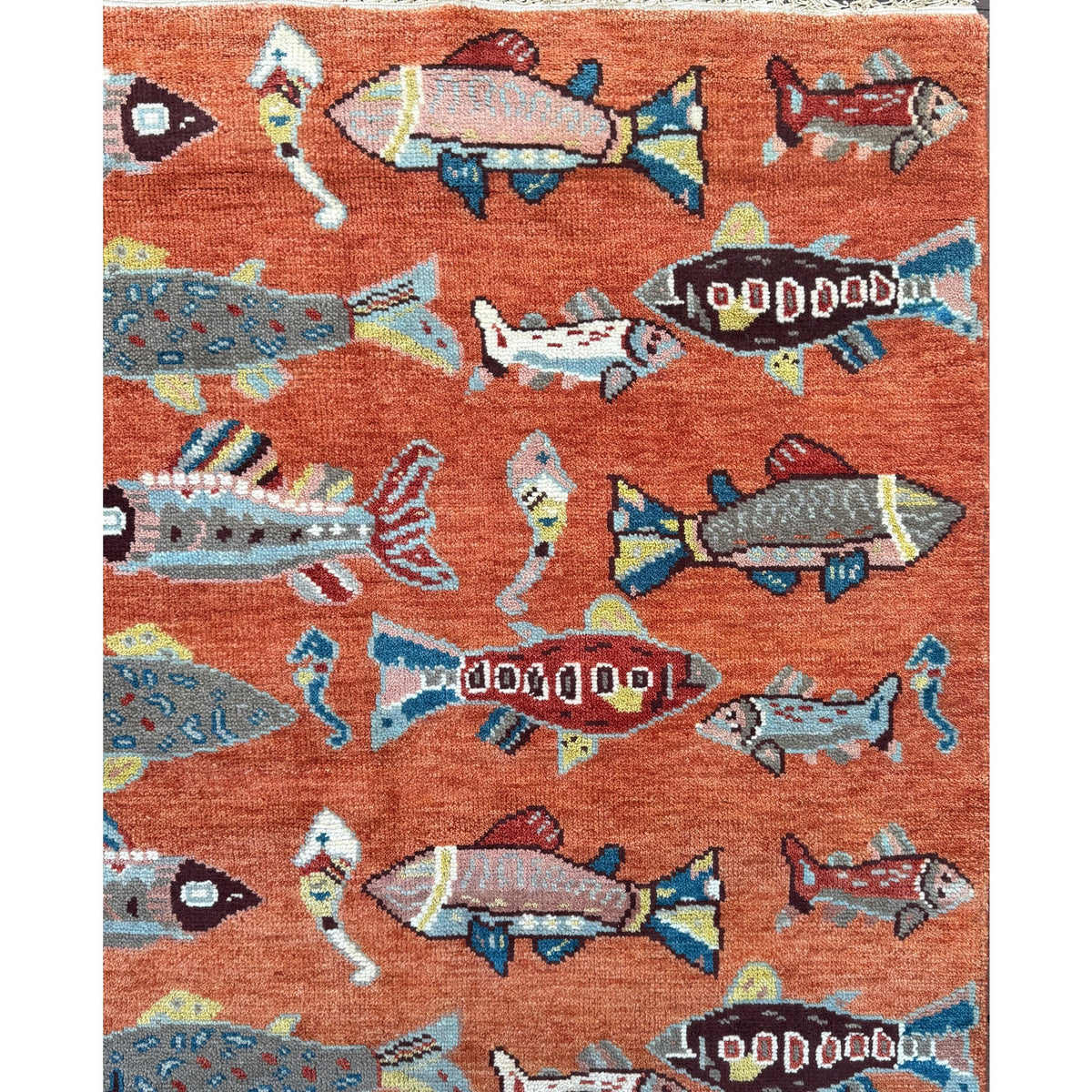Turkish Oushak Rug 5x8, Hand-Knotted 100% Wool Fish Rug, Tree of Life Bohemian Area Rug, Terracotta Nursery Decor