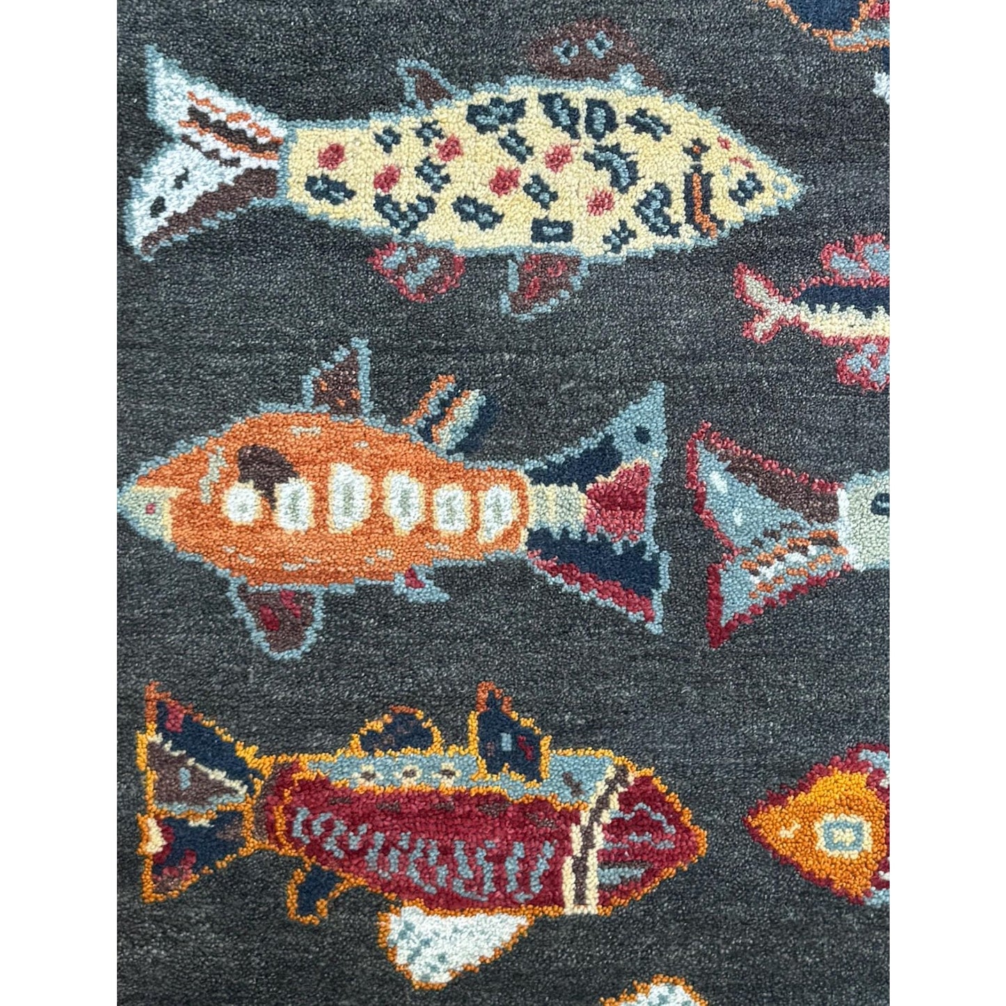 Modern Turkish Fish Design Rug 3x5.1, Hand Knotted Wool Sea Animal Pattern, Bohemian Accent