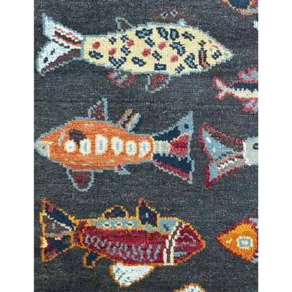 Modern Turkish Fish Design Rug 3x5.1, Hand Knotted Wool Sea Animal Pattern, Bohemian Accent