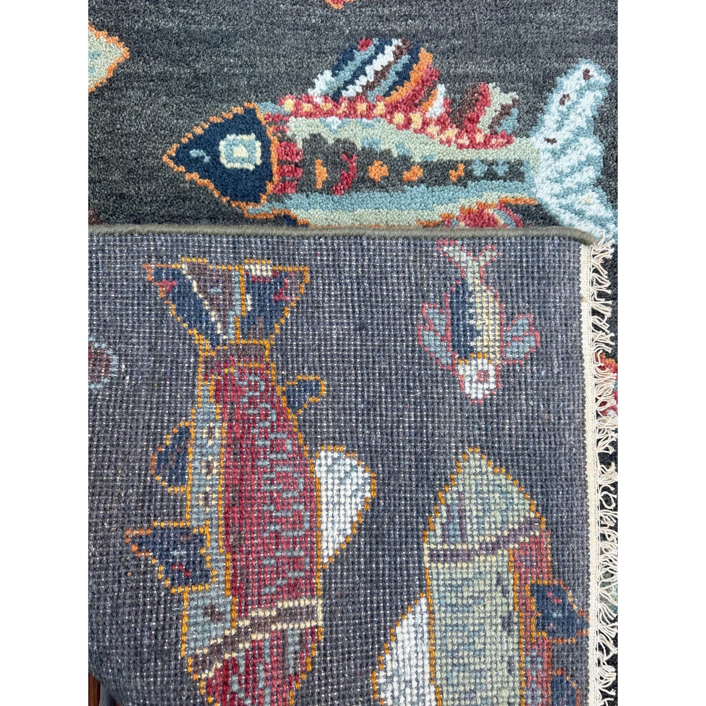 Modern Turkish Fish Design Rug 3x5.1, Hand Knotted Wool Sea Animal Pattern, Bohemian Accent