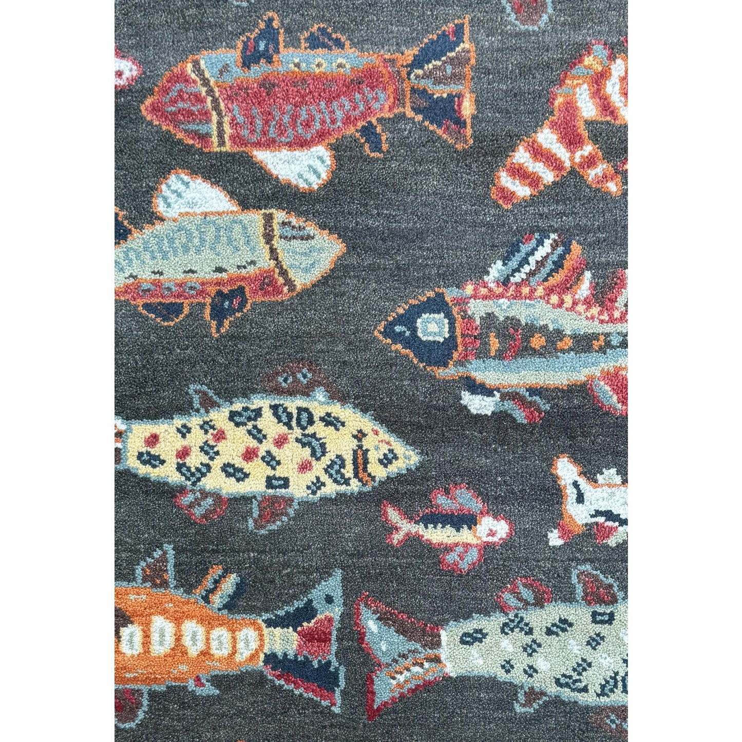 Modern Turkish Fish Design Rug 3x5.1, Hand Knotted Wool Sea Animal Pattern, Bohemian Accent