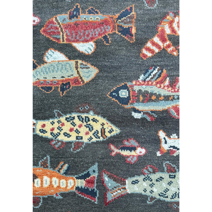 Modern Turkish Fish Design Rug 3x5.1, Hand Knotted Wool Sea Animal Pattern, Bohemian Accent