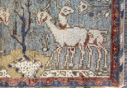 2x3 ft Bohemian Oushak Rug: Hand-Knotted Deer Design Accent Wool Carpet