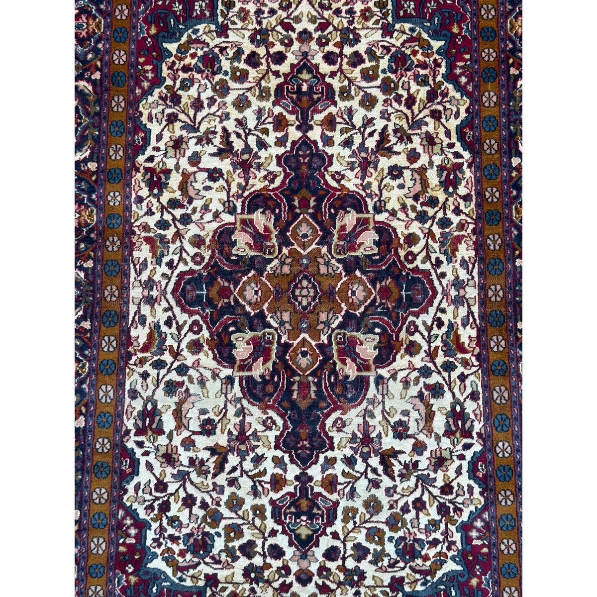 Vintage Turkish Wool Rug 3'2" x 5', Hand-Knotted Floral Medallion Carpet, Ivory Navy Burgundy