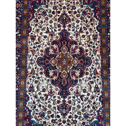Vintage Turkish Wool Rug 3'2" x 5', Hand-Knotted Floral Medallion Carpet, Ivory Navy Burgundy