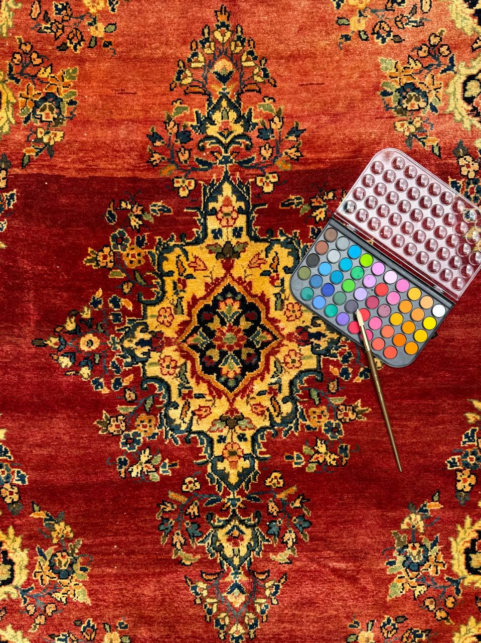 4.5x7 ft Vintage 1950s Kashan Floral Rug: Hand-Knotted Wool Carpet,  Red & Gold Medallion Floral Design, Oriental  Accent