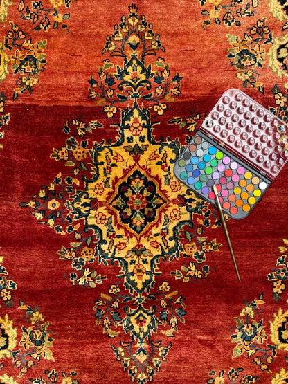 4.5x7 ft Vintage 1950s Kashan Floral Rug: Hand-Knotted Wool Carpet,  Red & Gold Medallion Floral Design, Oriental  Accent