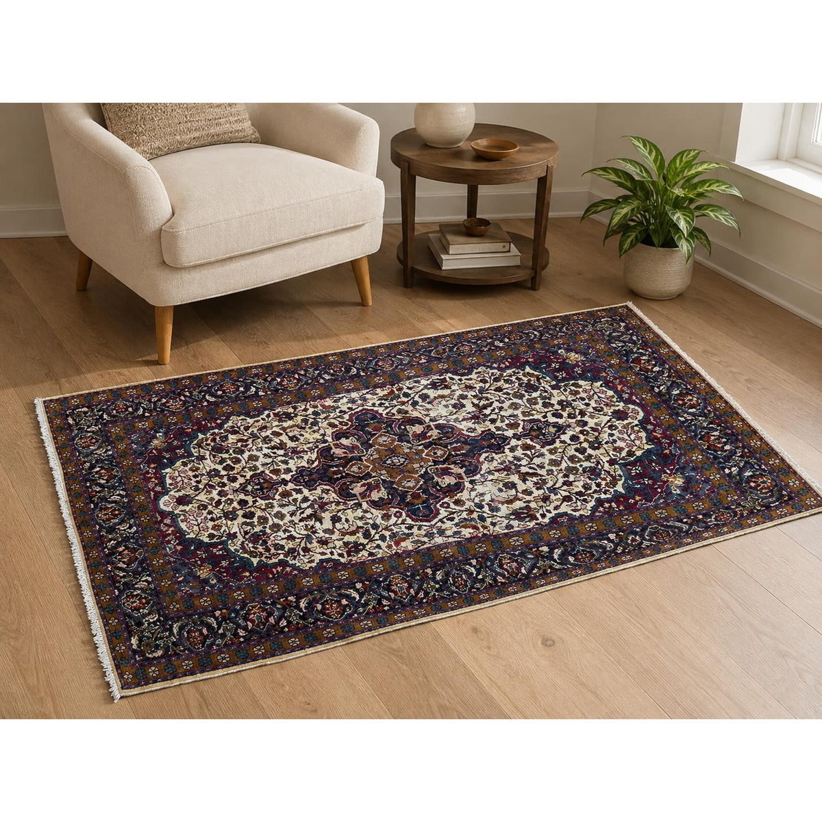 Vintage Turkish Wool Rug 3'2" x 5', Hand-Knotted Floral Medallion Carpet, Ivory Navy Burgundy
