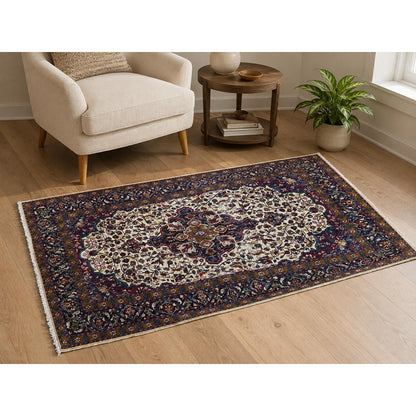 Vintage Turkish Wool Rug 3'2" x 5', Hand-Knotted Floral Medallion Carpet, Ivory Navy Burgundy