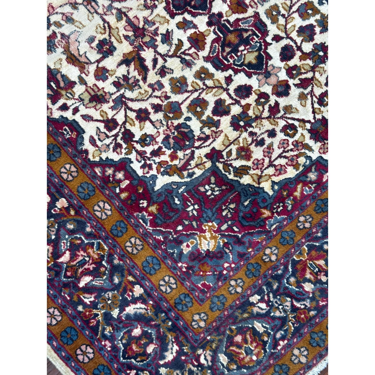 Vintage Turkish Wool Rug 3'2" x 5', Hand-Knotted Floral Medallion Carpet, Ivory Navy Burgundy