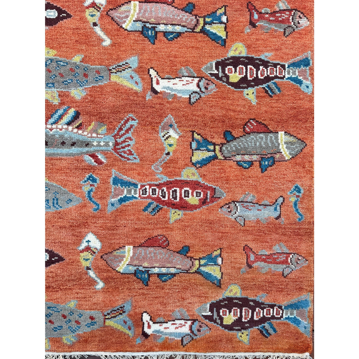 Turkish Oushak Rug 5x8, Hand-Knotted 100% Wool Fish Rug, Tree of Life Bohemian Area Rug, Terracotta Nursery Decor