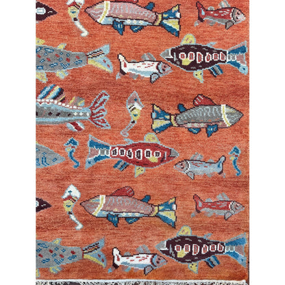 Turkish Oushak Rug 5x8, Hand-Knotted 100% Wool Fish Rug, Tree of Life Bohemian Area Rug, Terracotta Nursery Decor