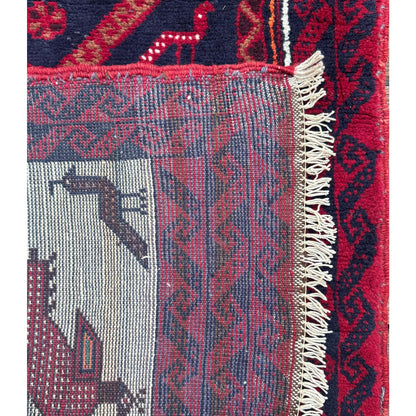 Turkish Handmade Wool Rug, Red Navy Bird Motif Medallion (2'9" x 5'3")