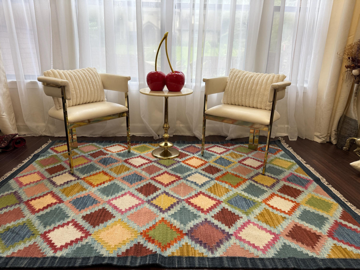 5x8 ft Hand Knotted Kilim Rug: Scandinavian Geometric Wool Flatweave