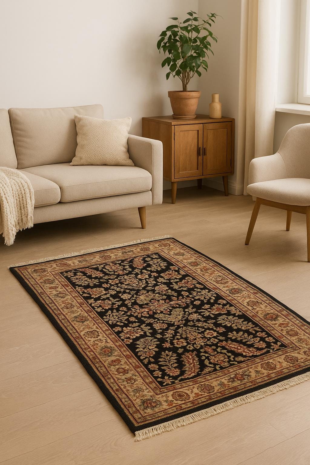 5x3 ft Vintage Agra Rug – Hand Knotted Wool Carpet with Black Floral Tabriz Design