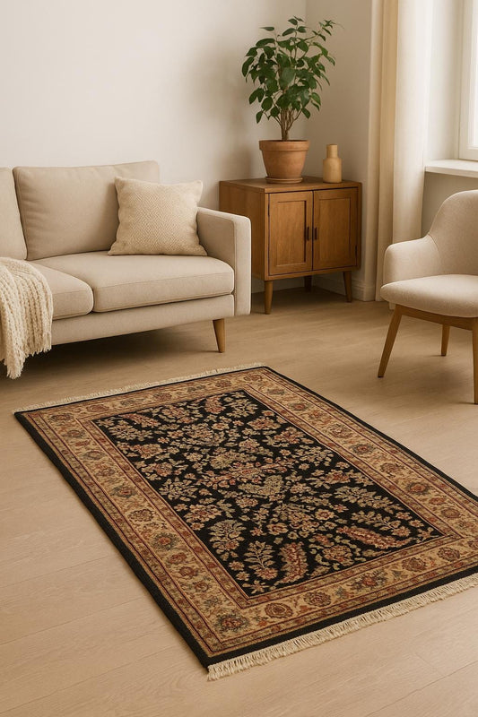 5x3 ft Vintage Agra Rug – Hand Knotted Wool Carpet with Black Floral Tabriz Design