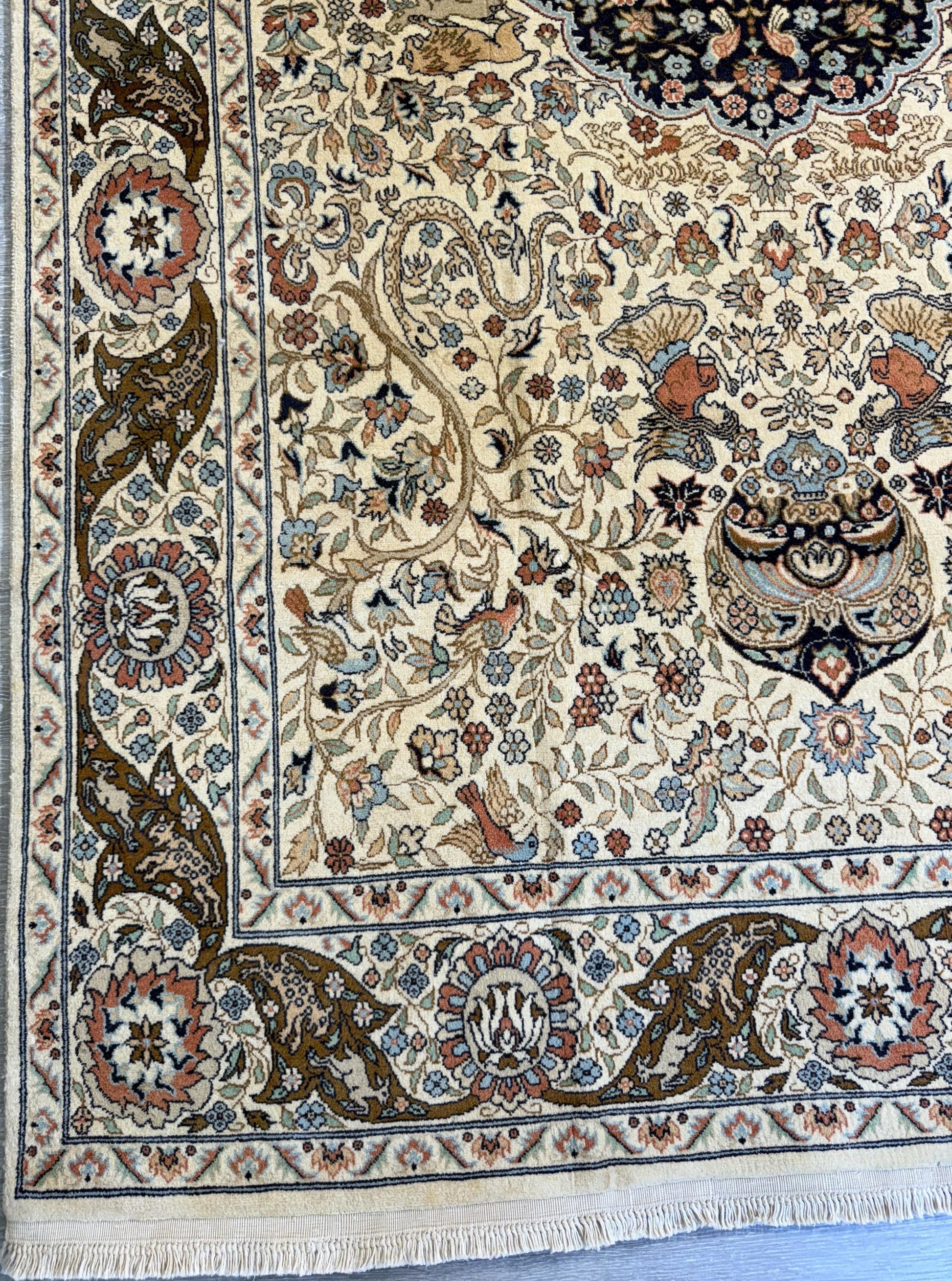 8x4 ft Vintage Wool Rug: Hand Knotted Hunting Scene Carpet with Medallion Design