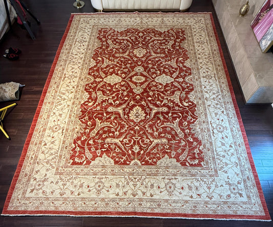 9x12 ft Turkish Tabriz Rug: Hand Knotted Wool Carpet with Rust Floral Design