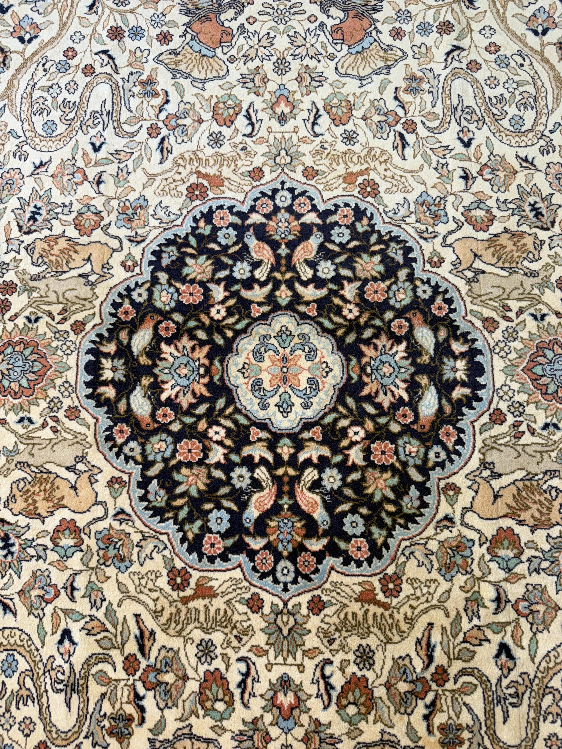 8x4 ft Vintage Wool Rug: Hand Knotted Hunting Scene Carpet with Medallion Design