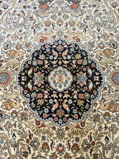 8x4 ft Vintage Wool Rug: Hand Knotted Hunting Scene Carpet with Medallion Design