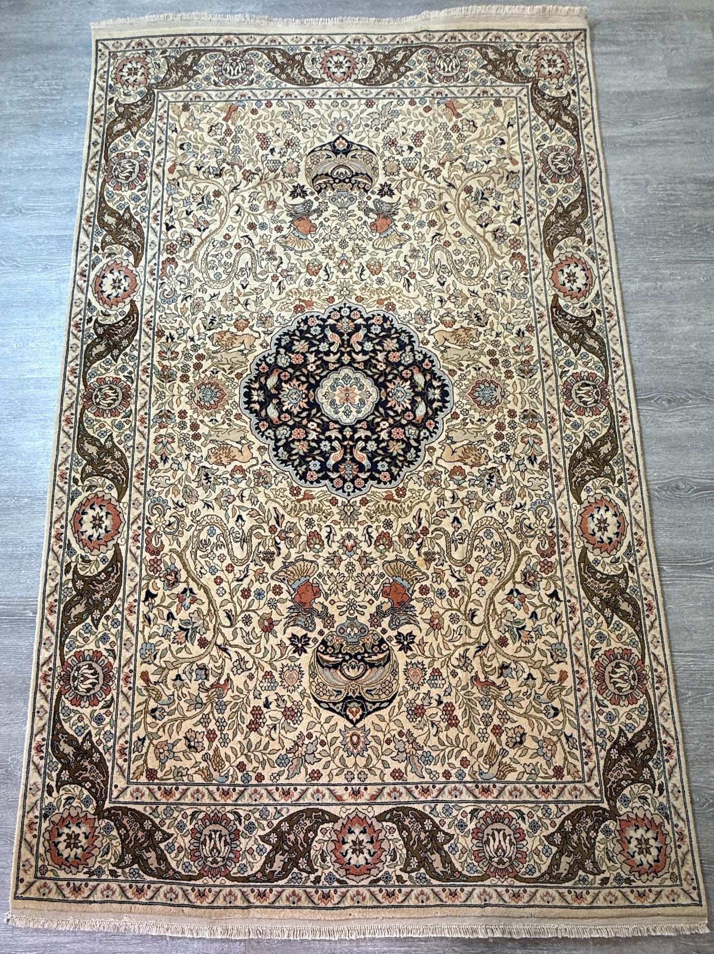 8x4 ft Vintage Wool Rug: Hand Knotted Hunting Scene Carpet with Medallion Design