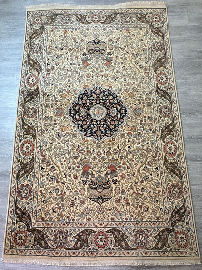 8x4 ft Vintage Wool Rug: Hand Knotted Hunting Scene Carpet with Medallion Design