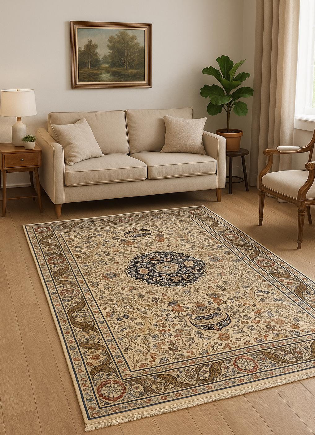 8x4 ft Vintage Wool Rug: Hand Knotted Hunting Scene Carpet with Medallion Design