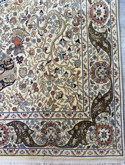 8x4 ft Vintage Wool Rug: Hand Knotted Hunting Scene Carpet with Medallion Design