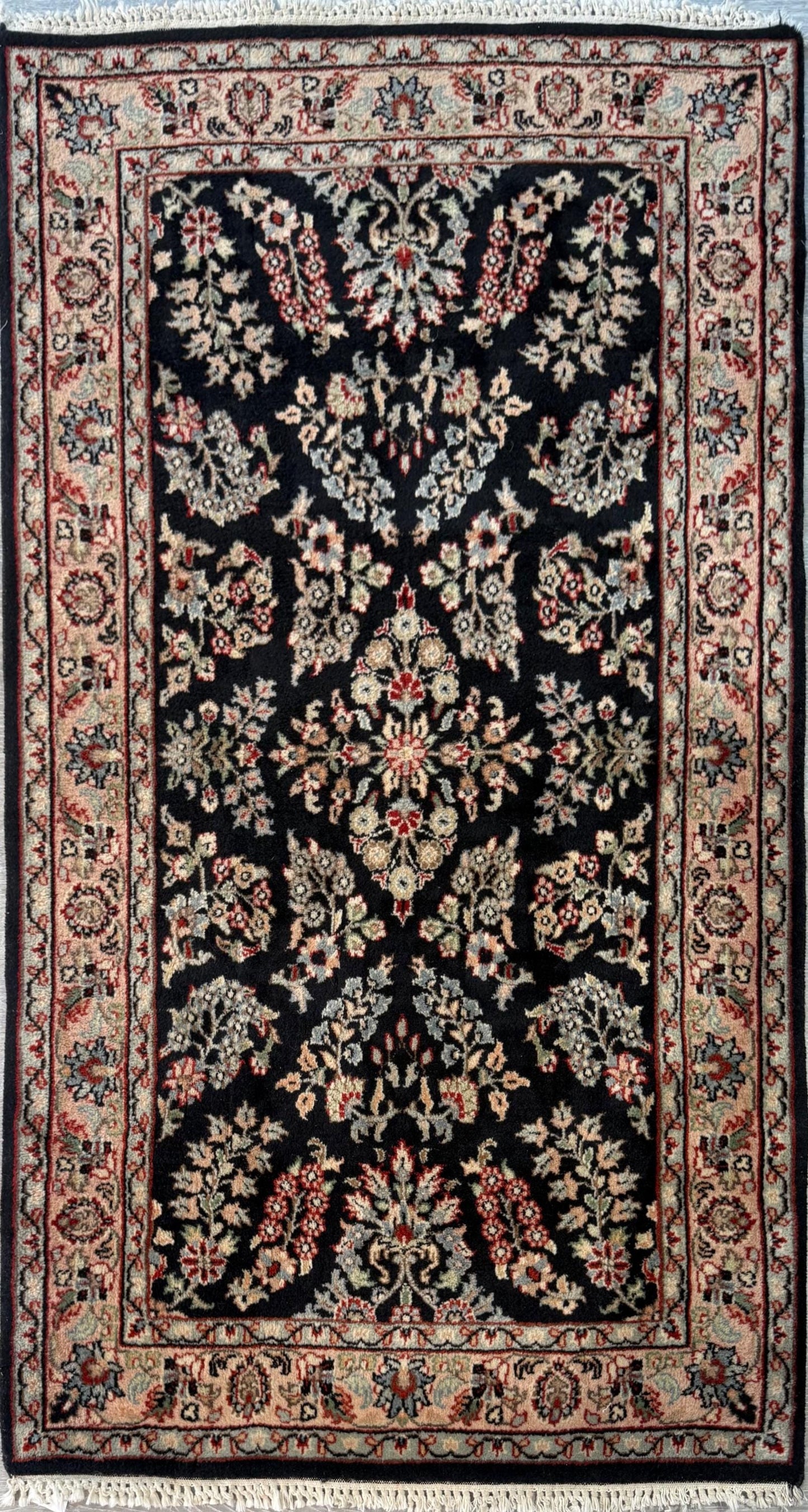 5x3 ft Vintage Agra Rug – Hand Knotted Wool Carpet with Black Floral Tabriz Design