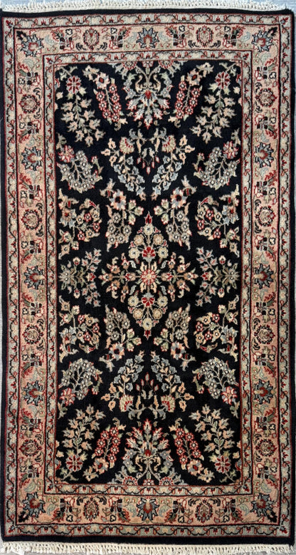 5x3 ft Vintage Agra Rug – Hand Knotted Wool Carpet with Black Floral Tabriz Design