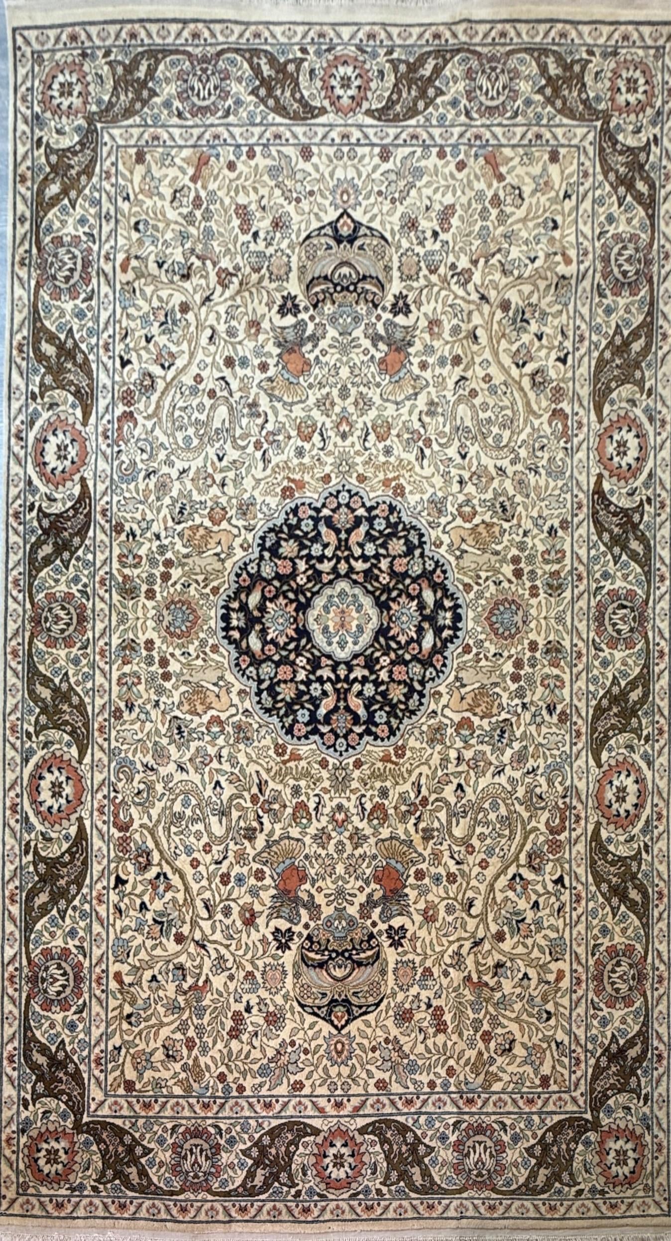 8x4 ft Vintage Wool Rug: Hand Knotted Hunting Scene Carpet with Medallion Design